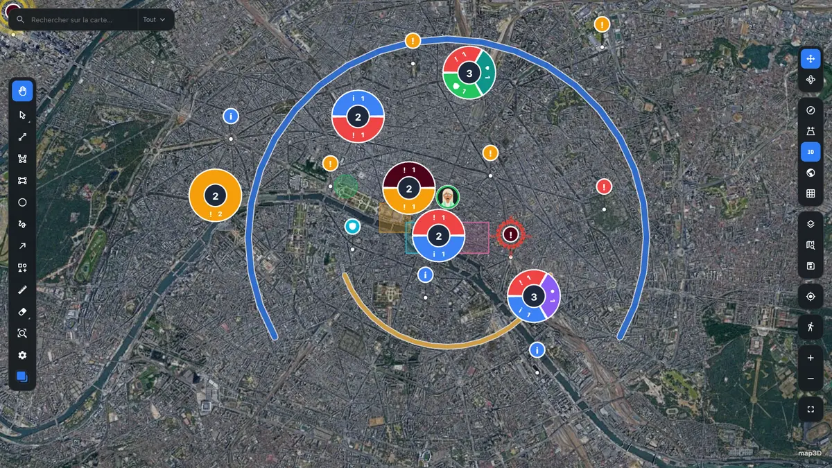 Clustered incidents over Paris with routed paths drawn across the city