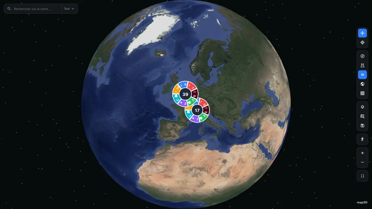 Photorealistic globe with clustered markers