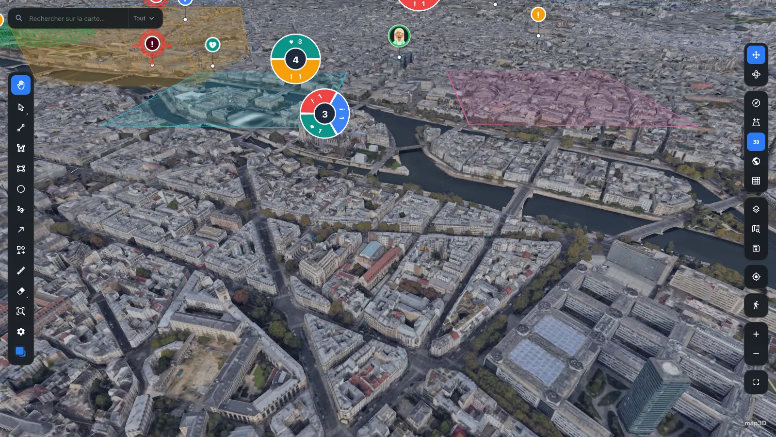 A photorealistic 3D city rendered by map3d, with the drawing editor open over it