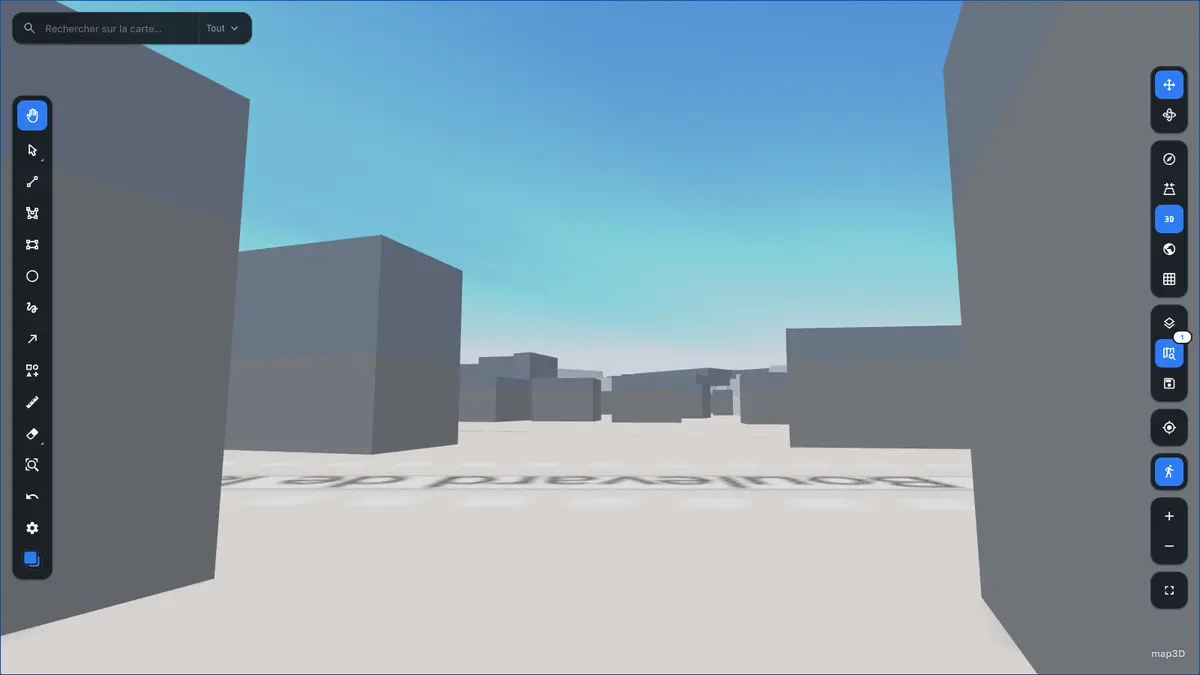 First-person view from street level, between building volumes