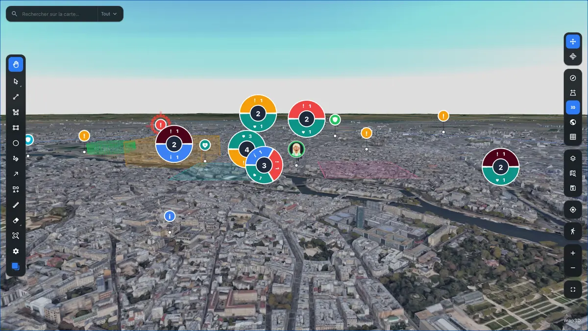 Low-angle 3D view of Paris with clusters floating above the rooftops